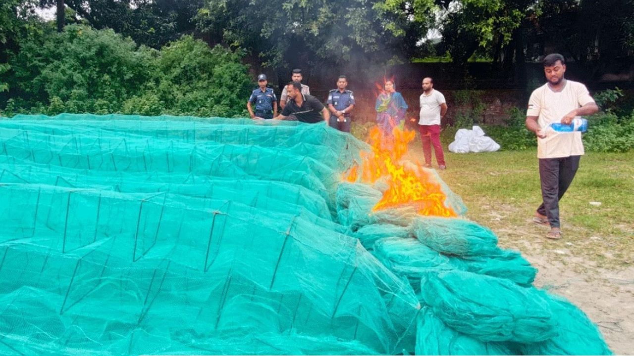 কেরানীগঞ্জে ৯ লাখ টাকার নিষিদ্ধ চায়না জাল ধ্বংস