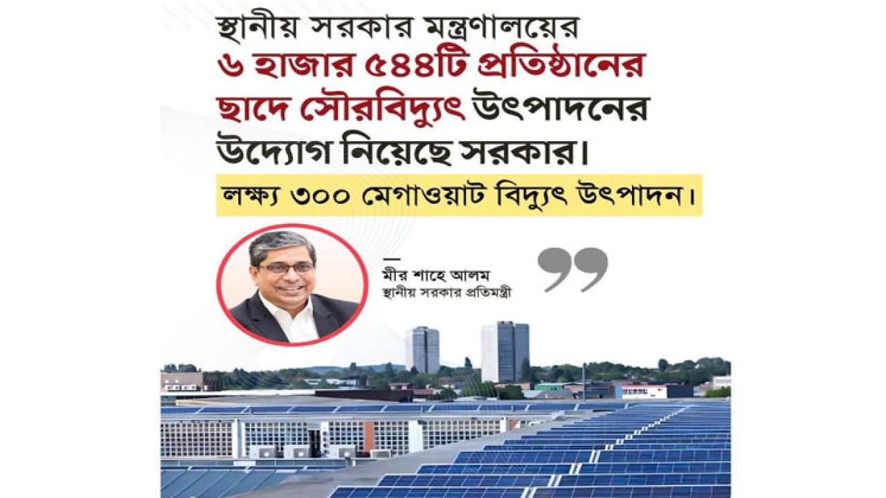 স্থানীয় সরকারের ৬৫৪৪ প্রতিষ্ঠানের ছাদে সৌরবিদ্যুৎ, লক্ষ্য ৩০০ মেগাওয়াট